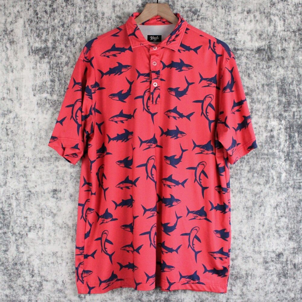 Waggle Polo Shirt Mens XL Red Shark Print Stretch Performance Golf - Picture 1 of 12